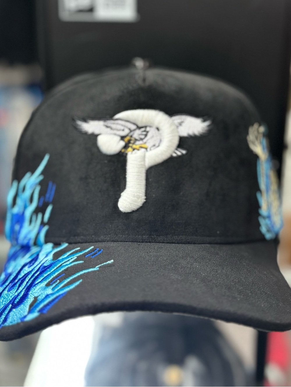Philadelphia Eagles, Blue Flames All Black Suede SnapBack Hat